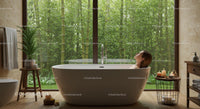 Luxury Bathroom with Bamboo View and Candlelit Ambiance