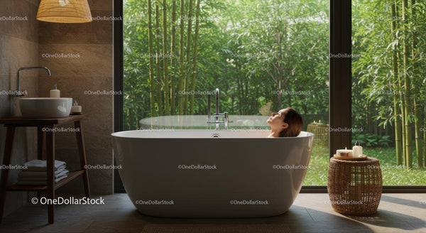 Woman Relaxing in Bathtub with Bamboo Garden View