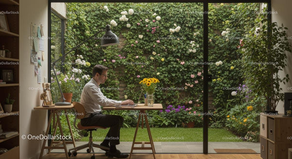 Home Office with Garden View and Sunflowers