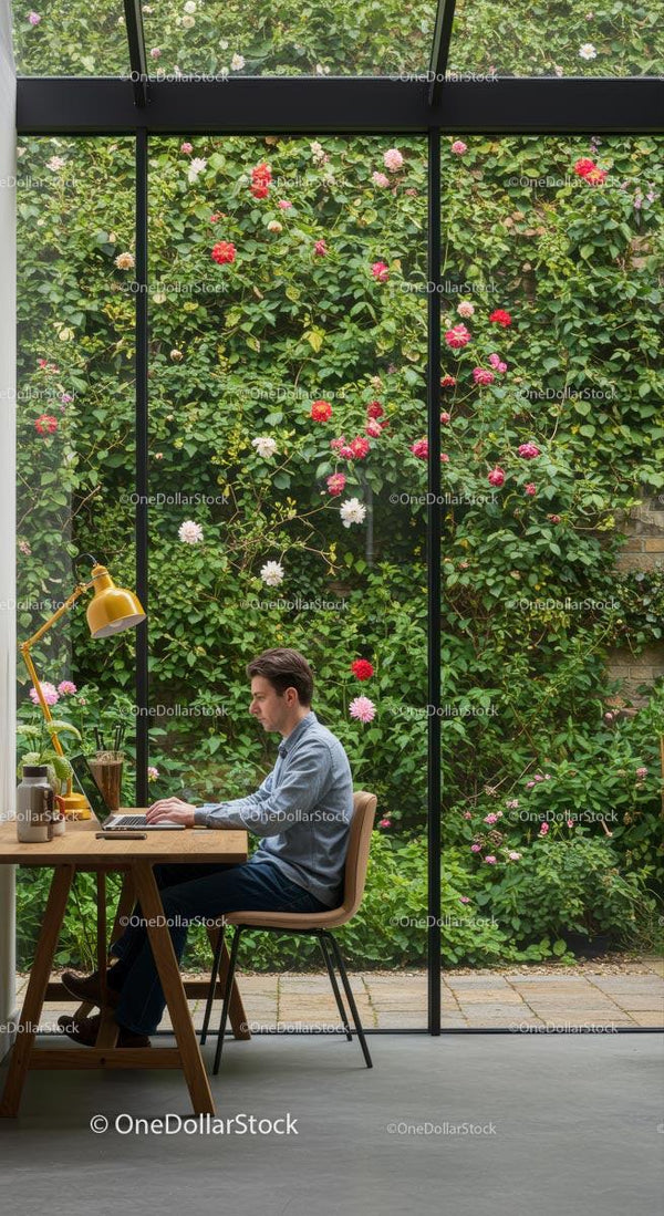 Man Working on Laptop with Scenic Garden View