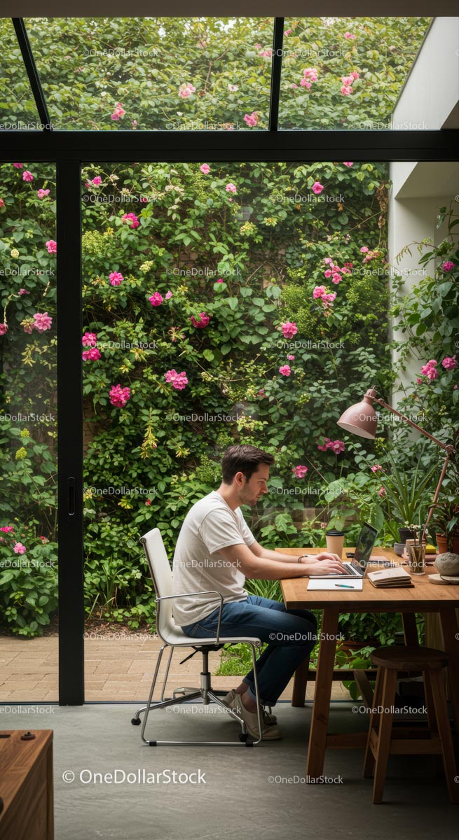 Man Working on Laptop in Modern Home Office with Garden View