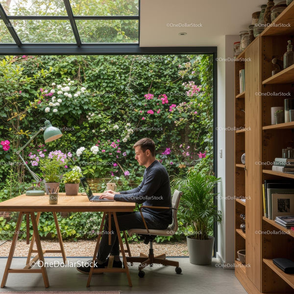 Modern Home Office with Garden View and Indoor Plants
