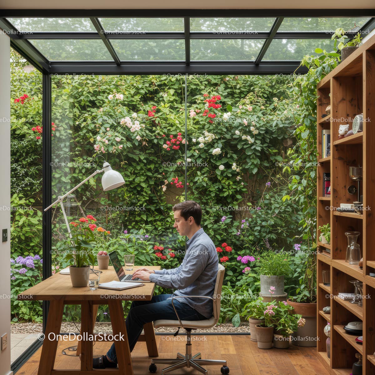 Man Working at Cozy Home Office with Garden View