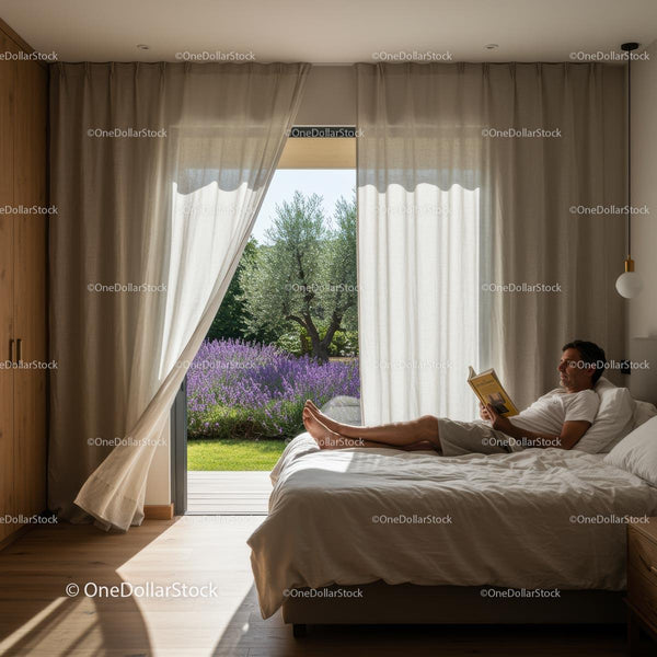 Man Reading in Bright Bedroom with Lavender Garden View
