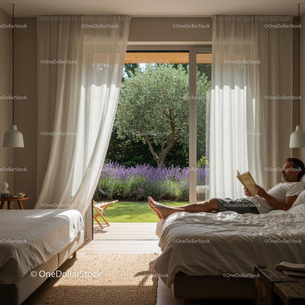 Man Relaxing in Sunny Bedroom with Lavender Garden View