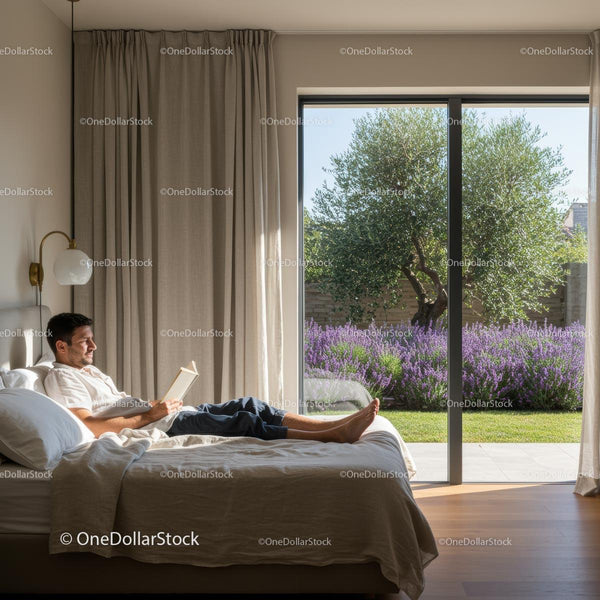 Man Reading in Sunlit Bedroom with Lavender Garden View