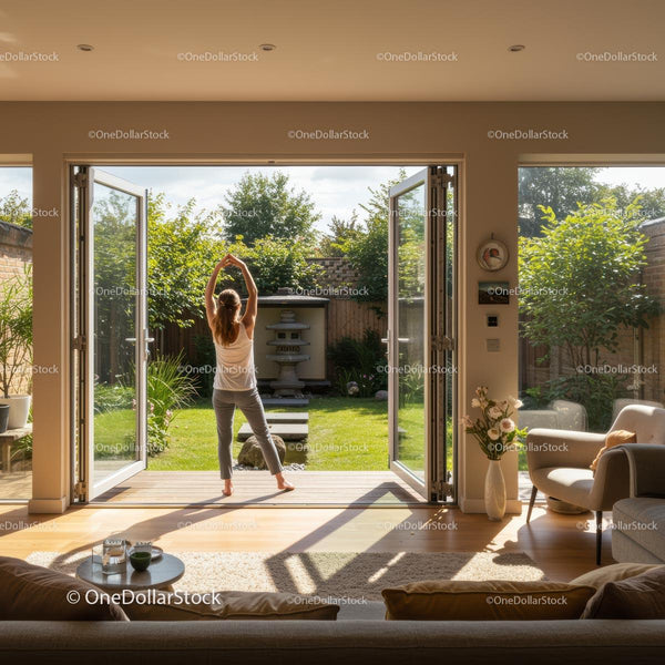 Woman Practicing Yoga in Sunlit Garden Through Open Patio Doors
