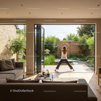 Woman Practicing Yoga in a Modern Living Room with Garden View