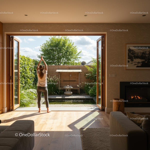 Woman Practicing Yoga in Sunlit Home with Garden View