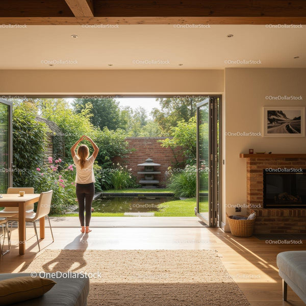 Woman Stretching in Modern Living Room with Garden View