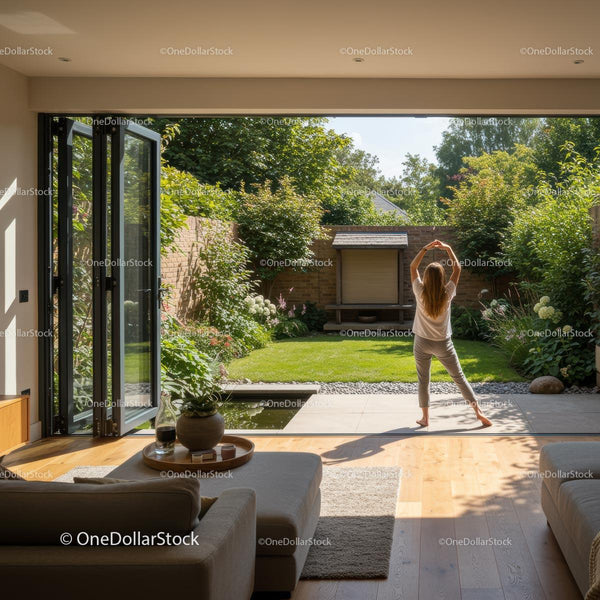 Woman Stretching in Sunlit Modern Garden