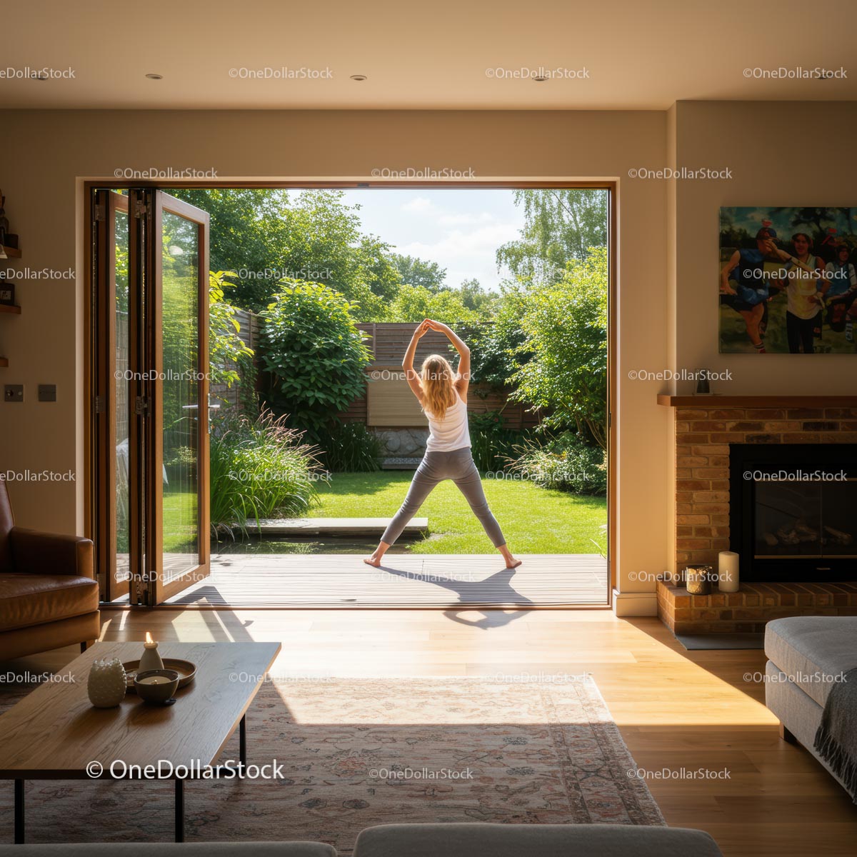 Woman Practicing Yoga in a Sunny Backyard Garden