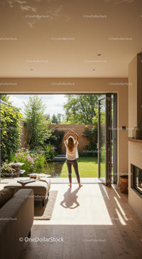 Woman Enjoying Sunny Day in Modern Open Living Space