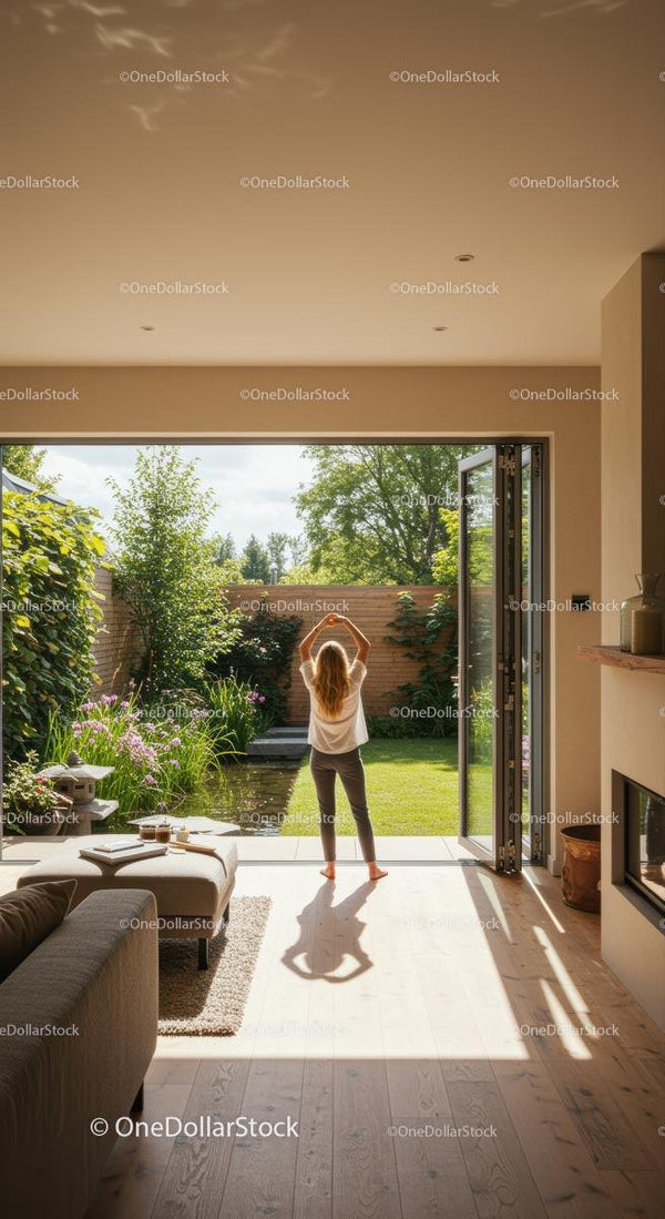 Woman Enjoying Sunny Day in Modern Open Living Space