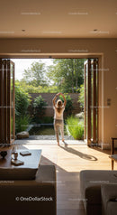 Woman Practicing Yoga in Modern Indoor-Outdoor Space