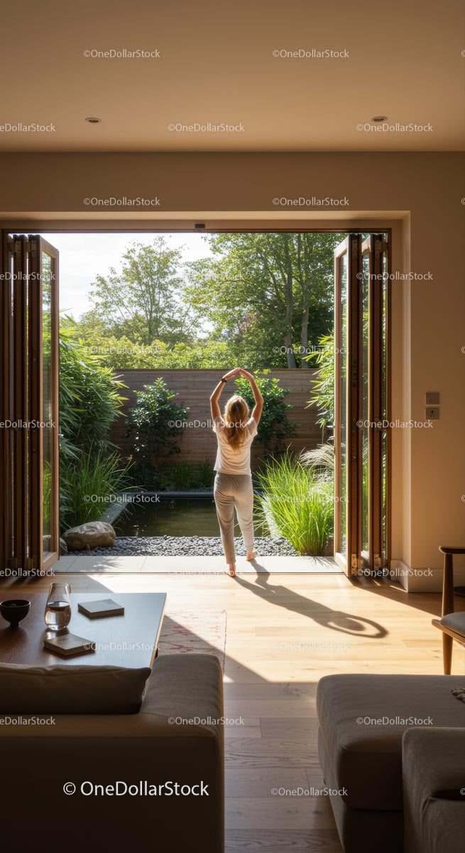 Woman Practicing Yoga in Modern Indoor-Outdoor Space