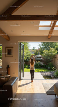 Woman Practicing Yoga Facing Sunny Green Garden