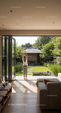 Woman Practicing Yoga in Modern Home with Garden View