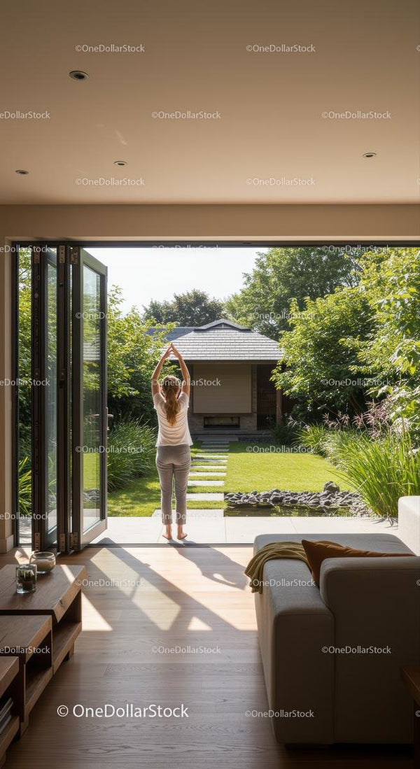 Woman Practicing Yoga in Modern Home with Garden View