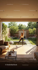 Woman Practicing Yoga in Modern Home with Garden View