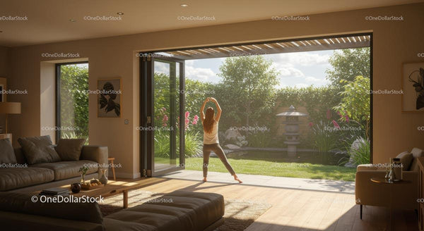 Woman Stretching by Open Doors to Lush Green Garden