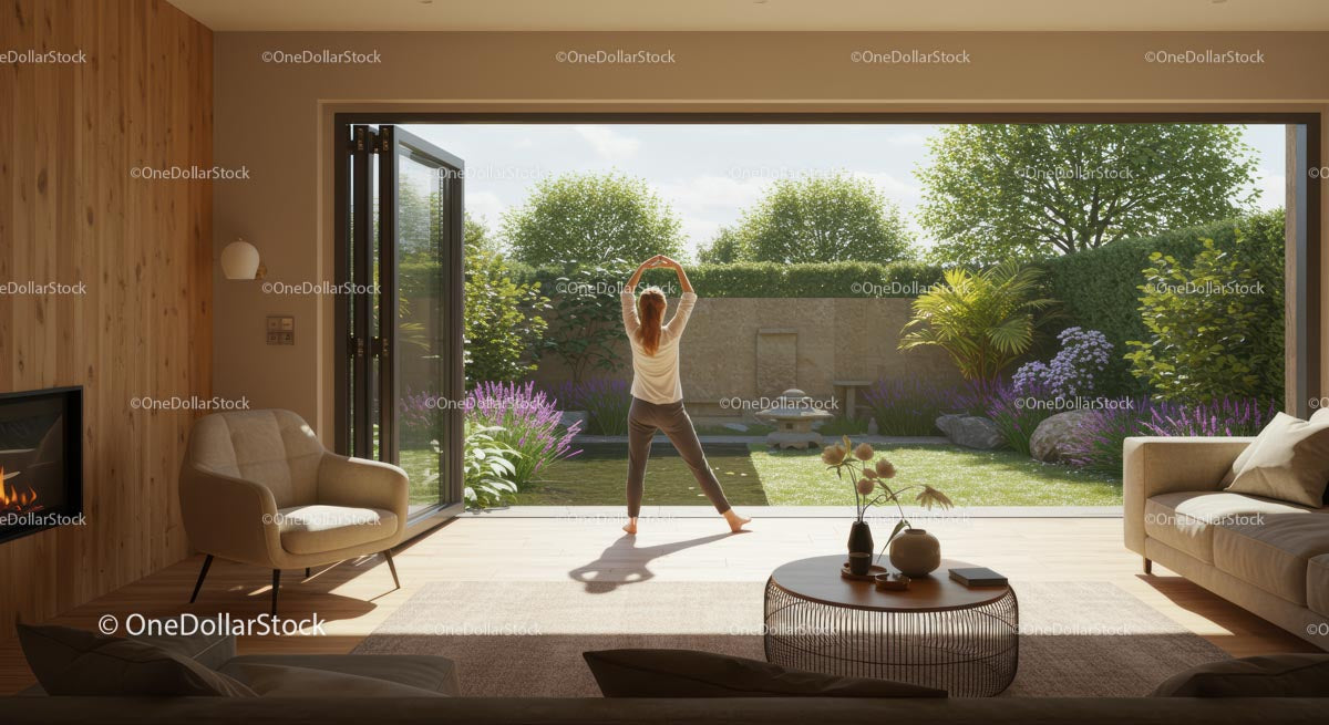 Woman Practicing Yoga in a Cozy, Sunlit Living Room