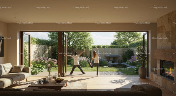 Yoga Practice in Modern Living Room Overlooking Garden