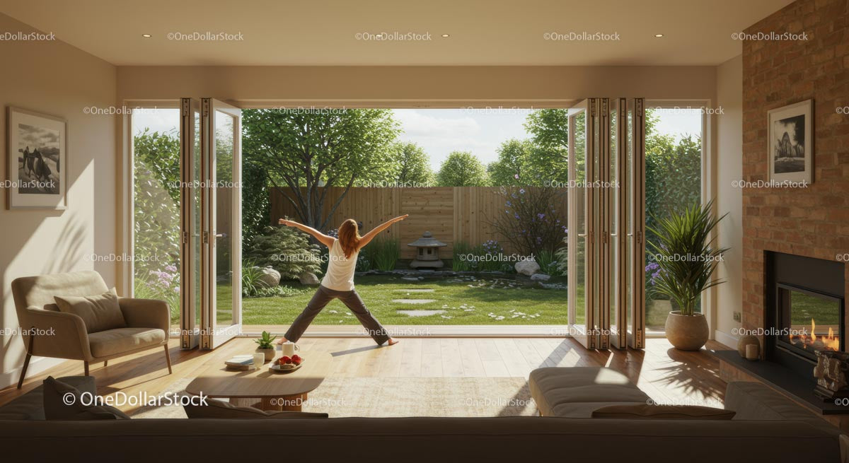 Woman Practicing Yoga in Sunlit Modern Living Room