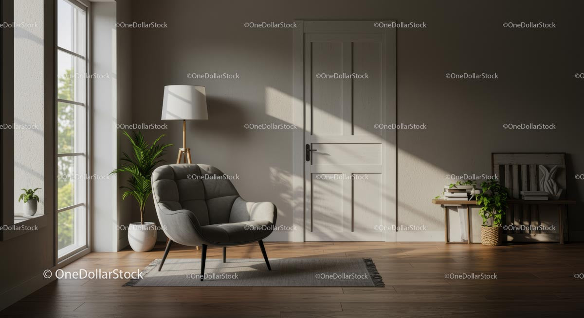 Modern Living Room with Gray Armchair and Indoor Plants