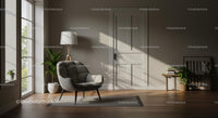 Modern Living Room with Gray Armchair and Indoor Plants