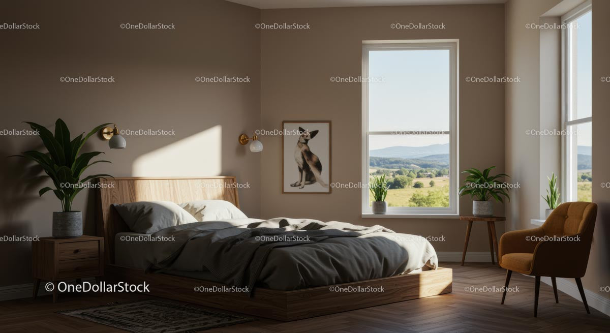 Modern Bedroom with Large Windows and Scenic View
