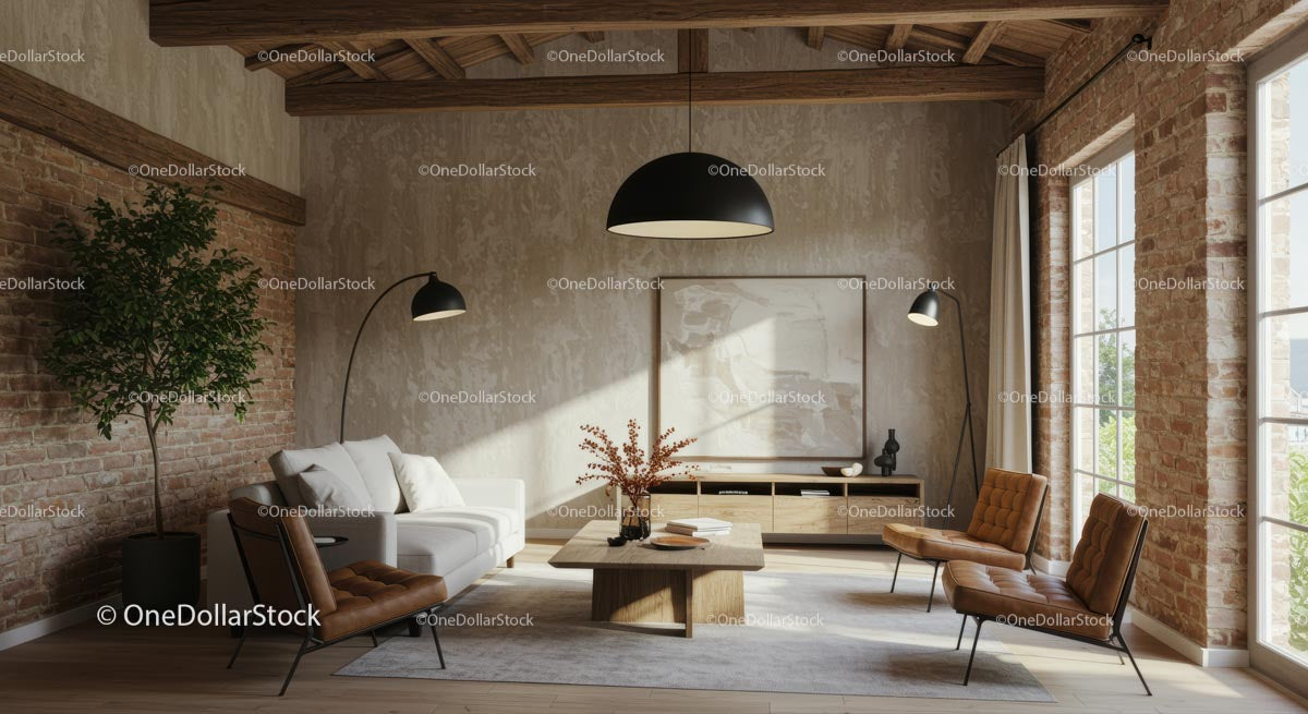 Industrial Living Room with White Sofa and Leather Accents