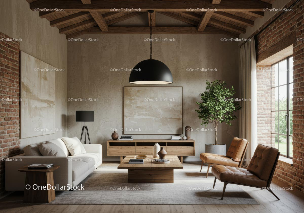 Modern Living Room with Cozy Seating and Brick Walls