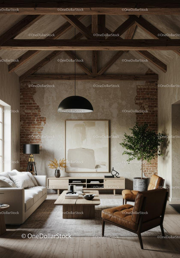 Przytulny nowoczesny salon w lofcie z industrialnymi elementami designu