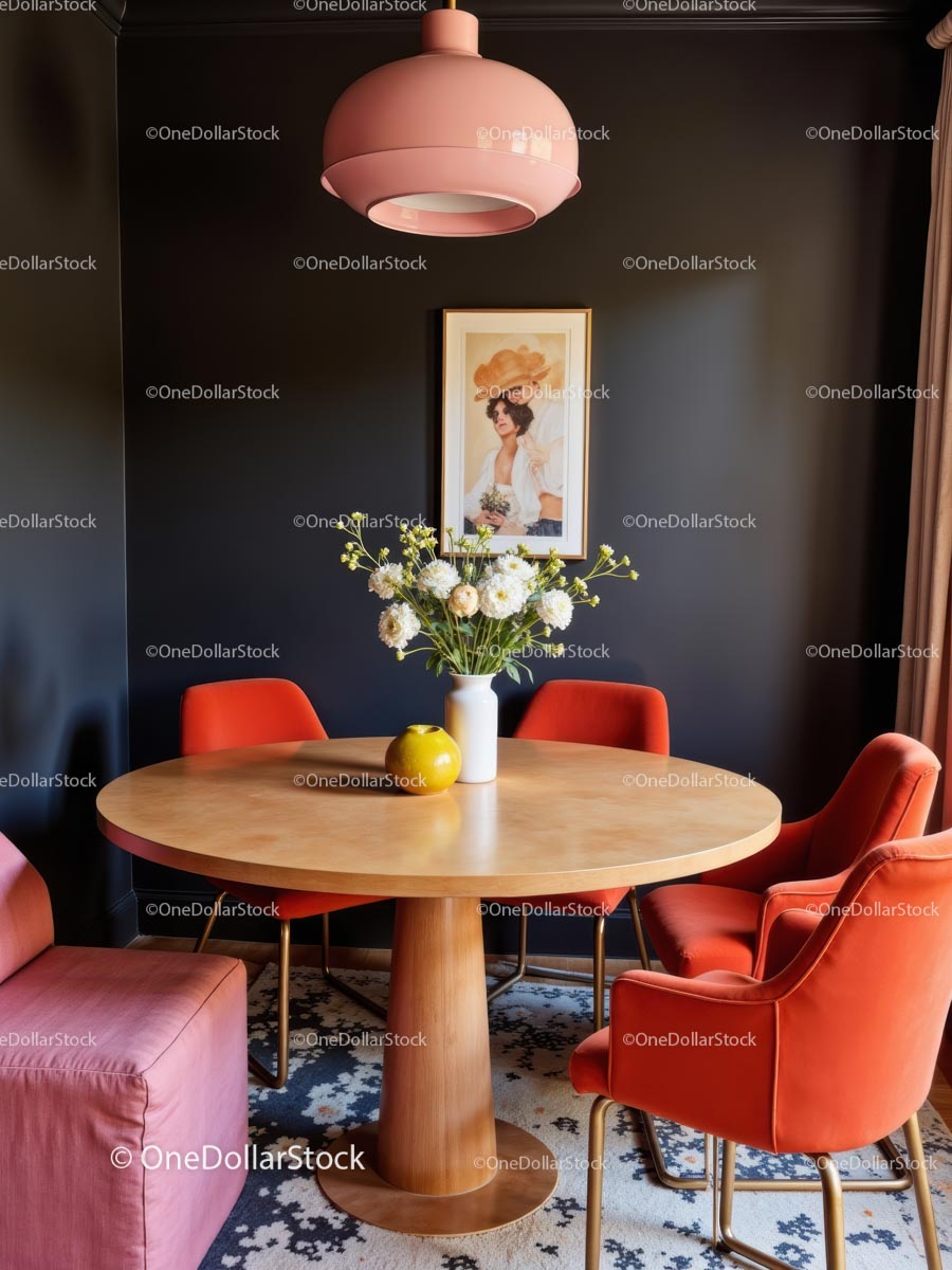 Modern Dining Room with Pink Lamp and Orange Chairs