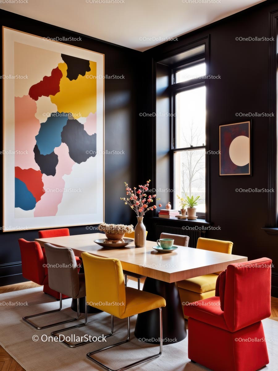 Modern Dining Room with Vibrant Chairs and Abstract Art