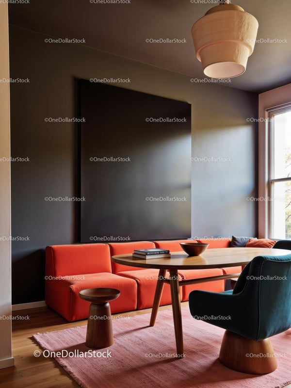 Nowoczesny salon z pomarańczową sofą i drewnianymi akcentami
