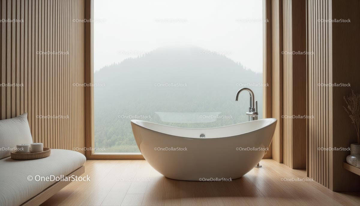 Modern Bathroom with Freestanding Tub and Scenic Mountain View