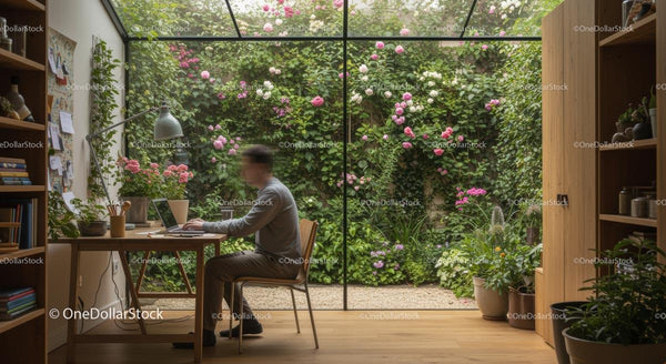 Home Office Overlooking a Lush Garden with Vibrant Flowers