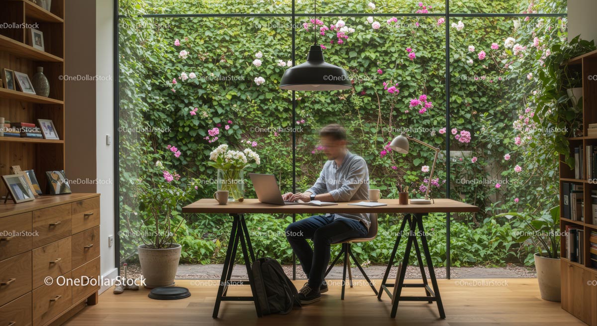 Man Working in Modern Home Office with Garden View
