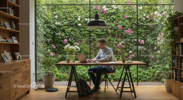 Man Working in Modern Home Office with Garden View