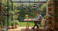 Serene Home Office with Garden View and Abundant Greenery