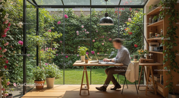 Serene Home Office with Garden View and Abundant Greenery