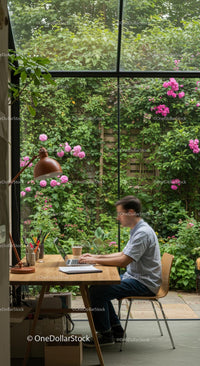 Man Working on Laptop with Vibrant Garden View