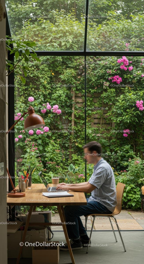 Man Working on Laptop with Vibrant Garden View