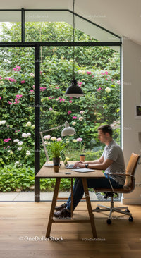 Modern Home Office Overlooking Lush Garden