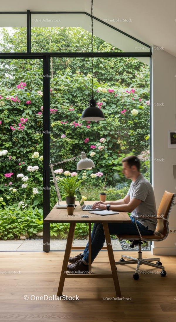 Modern Home Office Overlooking Lush Garden