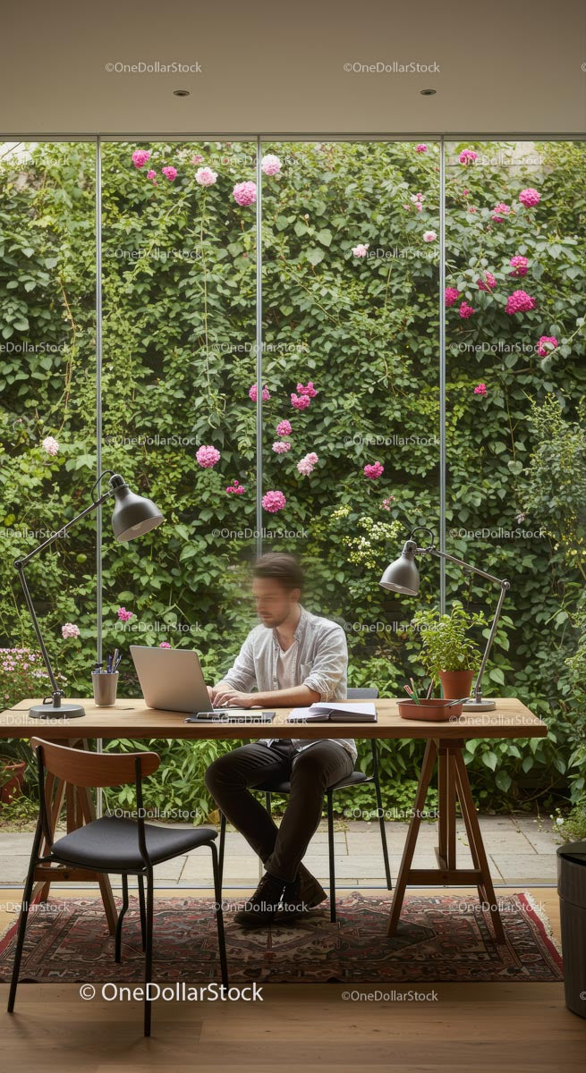 Man Working in Modern Home Office with Green Wall and Pink Flowers