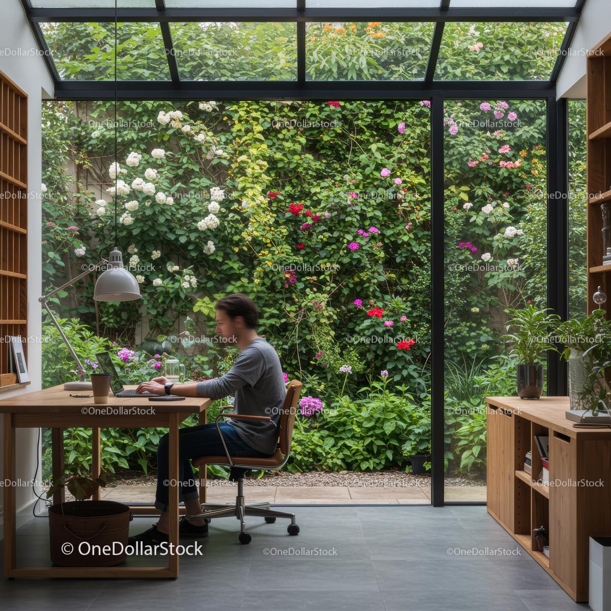 Man Working in Modern Home Office with Garden View