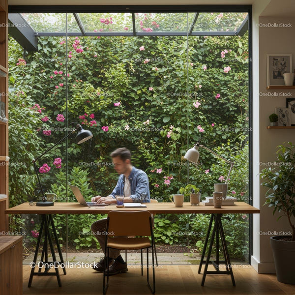 Modern Home Office with Garden View and Blooming Flowers